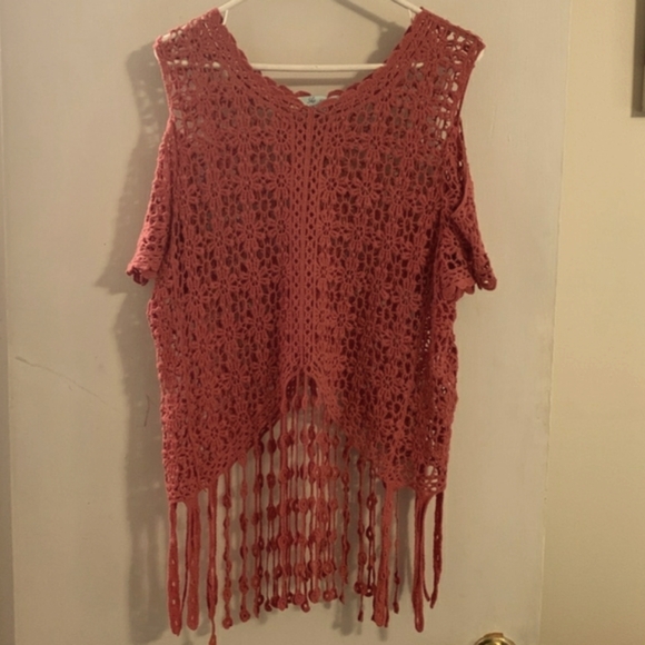 Cold shoulder crocheted floral sweater with fringe by She + Sky - Picture 2 of 9